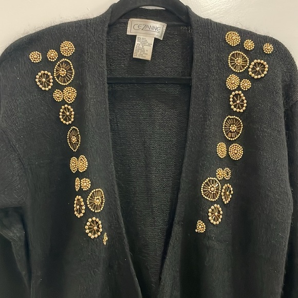 Cezanne Vintage Black Cardigan Silk Angora Sweater Gold Beaded Fuzzy Size Small - Picture 3 of 11
